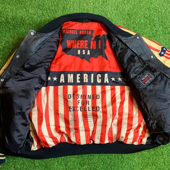 RARE Vintage Michael Hoban Where MI Budweiser USA Flag Leather Bomber Jacket - Picture 12 of 12
